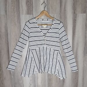 Maeve Anthropologie Womens XS Navy Striped Blouse Sharkbite Hem Stretch Oversize
